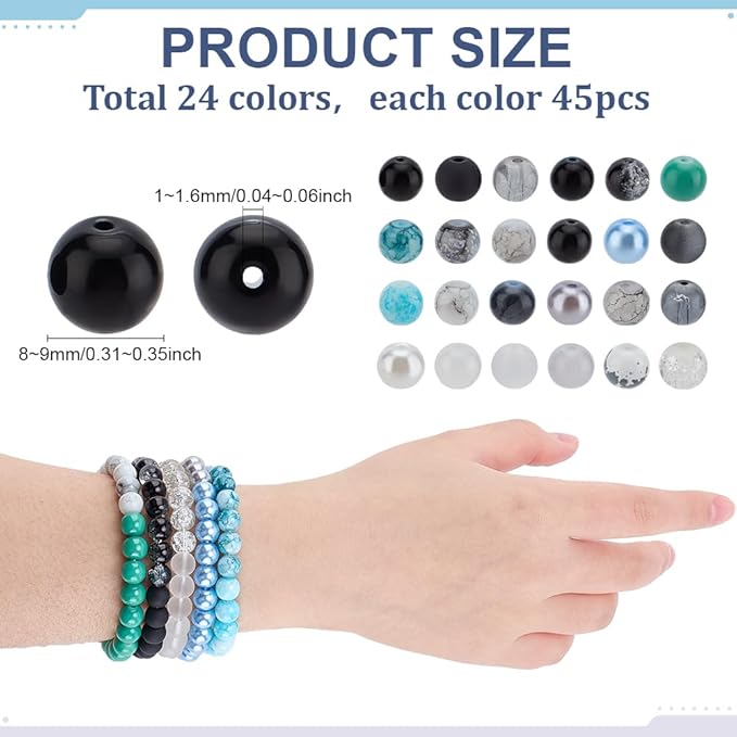1080pcs 8mm Glass Beads 24 Color Black Bracelet Beads Round Crystal Glass Bead Marble Rosary Loose Bead for Bracelet Necklace Jewelry Making Supplies Women Men Eid Mubarak Ramadan Decoration
