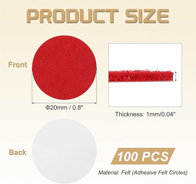 uxcell 100 Pcs Adhesive Felt Circles, 3/4" Round Non-Woven Felt Pads Stickers Dots Pre Cut for DIY Crafts Sewing Handcraft Costume Holiday Decoration, Red