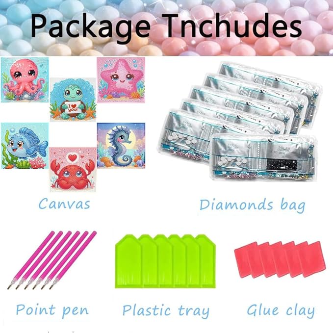 6 Pack 5D Cartoon Diamond Art Kits for Kids Ages 8-12,Cute Ocean Animals Diamond Painting for Kids Beginners,Full Drill Gem Art for Kids DIY Crafts for Girls 8-12,Gifts for 6 7 8 9 10 Year Old Girls