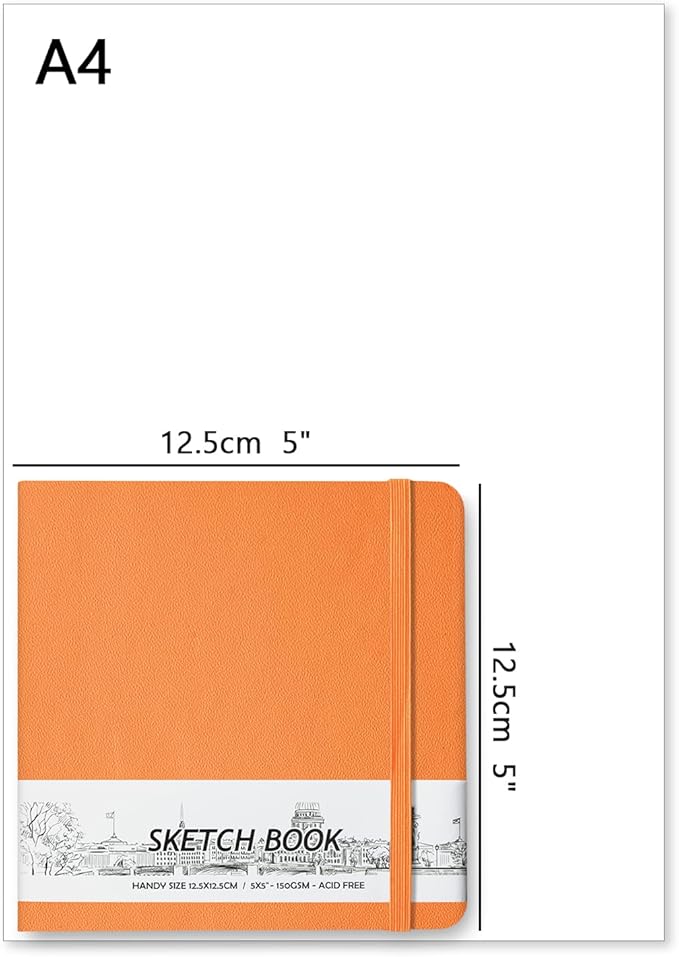 5" x 5" Hardcover Sketch Book,Small Mixed Media Sketch Pad,58 Sheets 150GSM Acid-Free Artist Drawing Paper,Travel Journal Blank Notebook for Adults Painting,Illustration,Art Supplies.Burnt Orange
