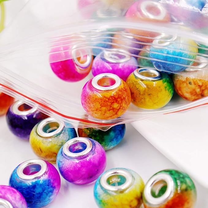 AIPRIDY 100Pcs 15x11mm Painting Murano Large Hole Glass Beads Mix Color with Silver Brass Cores European Charm fit Bracelet Necklace (Explosive Double Color Glass)