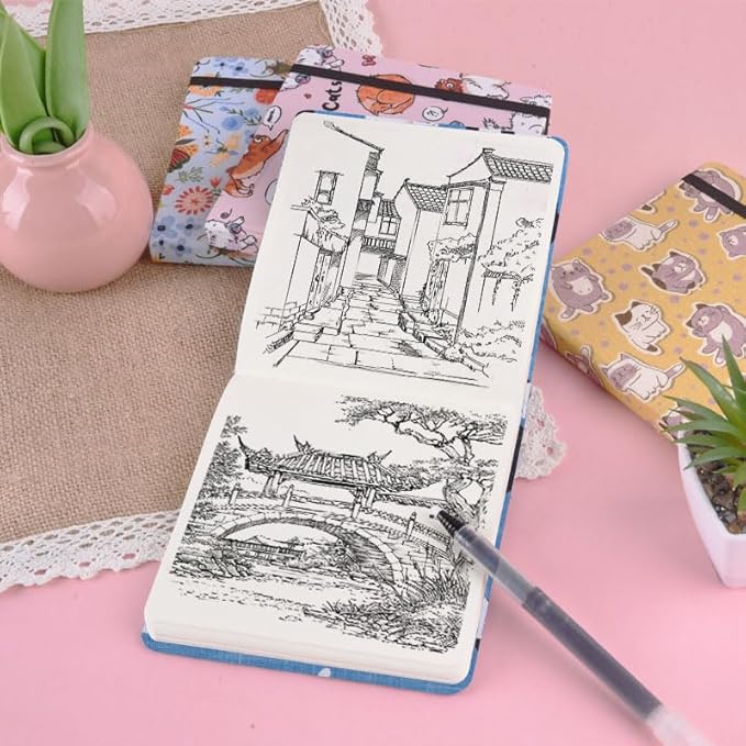4.8" x 4.8" Hardcover Sketchbook,Small Mixed Media Sketch Pad,96 Sheets 80gsm Acid-Free Artist Travel Journal Pocket Blank Notepad for Adults Drawing Painting,Art Supplies.Lake Blue Cat