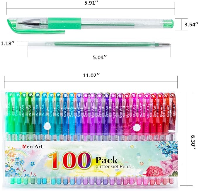 Aen Art Glitter Gel Pens, 100 Color Glitter Pen Set for Making Cards, 30% More Ink Neon Glitter Gel Marker for Adult Coloring Books, Journaling Crafting Doodling Drawing