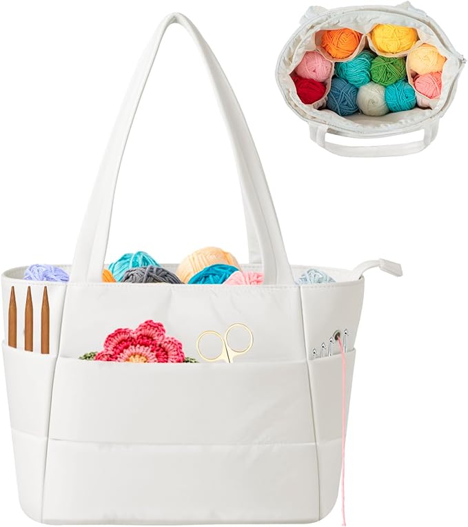 Crochet Bag for Yarn Storage, Puffer Knitting Bag with Soft Handles, Lightweight Yarn Storage Organizer with Zipper for Crochet Accessories, Gifts for Crocheters (Beige)