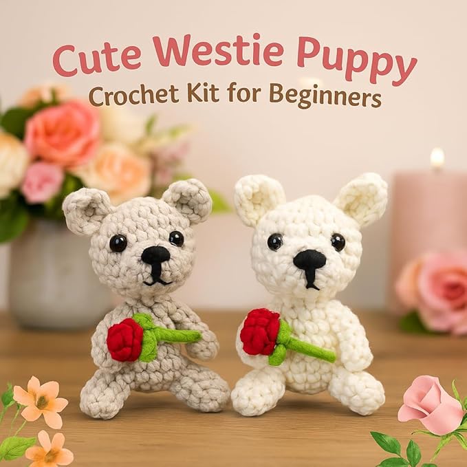 Crochet Kit for Beginners, Learn Crochet Animal Kit, Include Video Tutorial & Manual, Easy Knitting Yarn for Adult & Kid 12+, DIY Valentine's Holiday Gift Idea(2pcs Westie Puppy)