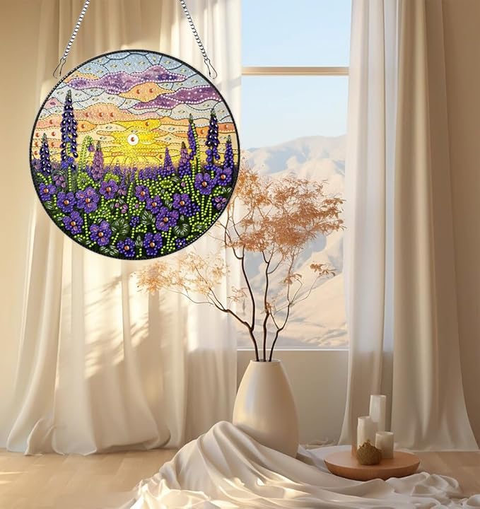 hyzsj DIY Hanging Diamond Art Pendant Painting Kit Lavender Sunset,Acrylic 5D Painting Window Pendants, Special Crystal Gem Craft Painting Kit Ornament 9.4x9.4inch