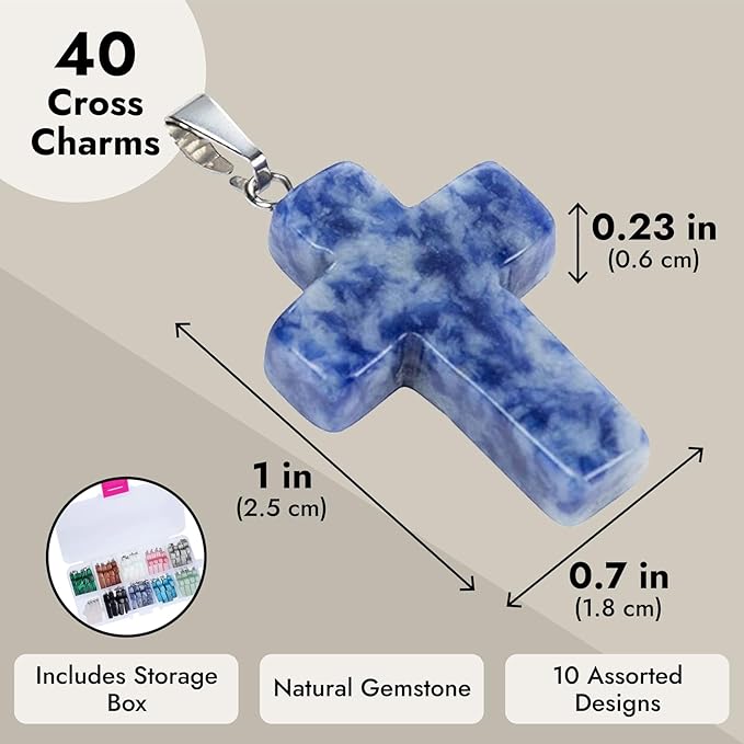 Cross Charms for Jewelry Making Kit - 40-Piece Assorted Gemstone Cross Charms, 10 Colors - Storage Case & Pendant Bails, Keychain Making Kit
