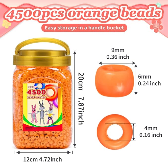 iooleem pony beads(4500pcs orange pony beads), beads for bracelets making, crafts, beading supplies, friendship bracelets making.