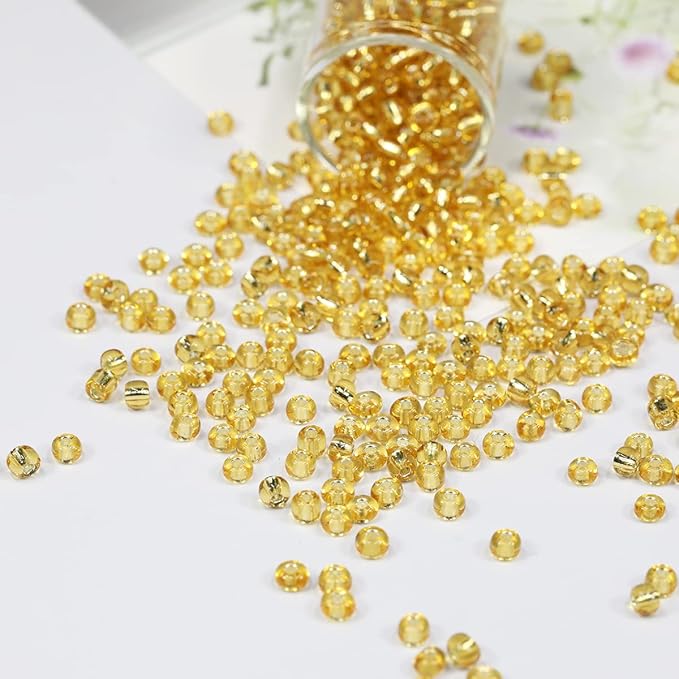 Bala&Fillic Clear Golden Silver Lined Color 4mm Seed Beads About 1200pcs/100Grams in Bag, 6/0 Glass Craft Beads for Making Bracelet and Necklace (Clear Golden Lined)