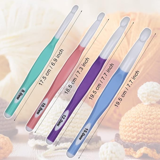 Large Sizes Crochet Hooks 4 pcs Long Crochet Needles Set QLRFFLJOY 8mm 10mm 12mm 15mm Rubber Handle Crochet Hook DIY Yarn Weaving Tools for Knitting Blankets, Shawl and Carpet