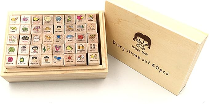 Diary Stamp Set,Wooden Rubber Signet for Children DIY Scrapbooking Planner Card Making(40pcs,Happy Day)