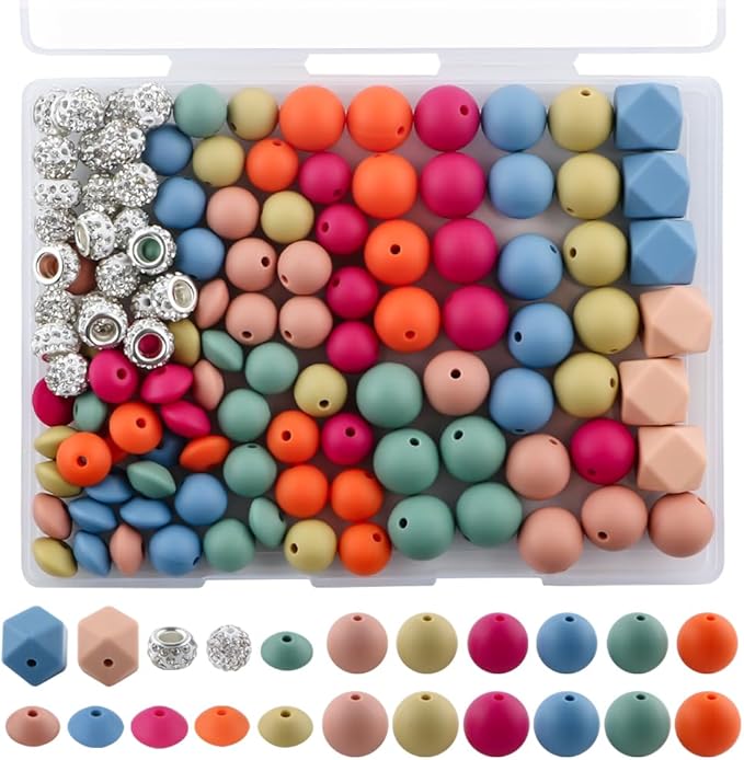 120Pcs Multicolor 12mm 15mm Silicone Beads for Keychain Making, 14mm Hexagon Beads Rhinestone Round Spacer 10mm for DIY Handicrafts(Deep)
