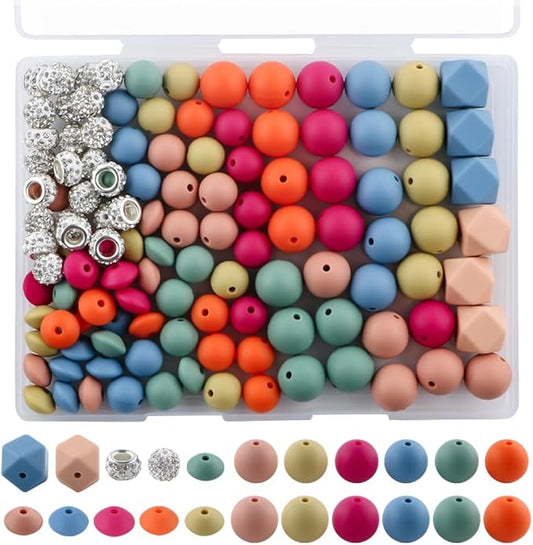 120Pcs Multicolor 12mm 15mm Silicone Beads for Keychain Making, 14mm Hexagon Beads Rhinestone Round Spacer 10mm for DIY Handicrafts(Deep)