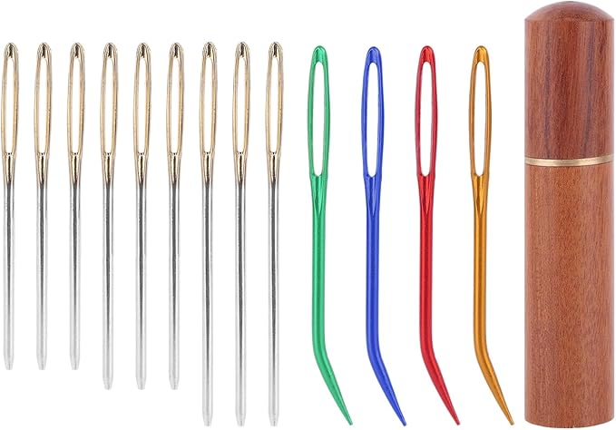13pcs Large Eye Sewing Needles Kit, Stainless Steel Blunt & Bent Tapestry Needles with Wooden Case for Weaving Crochet Darning Yarn & Embroidery Knitting Crafts Projects Supplies Accessories