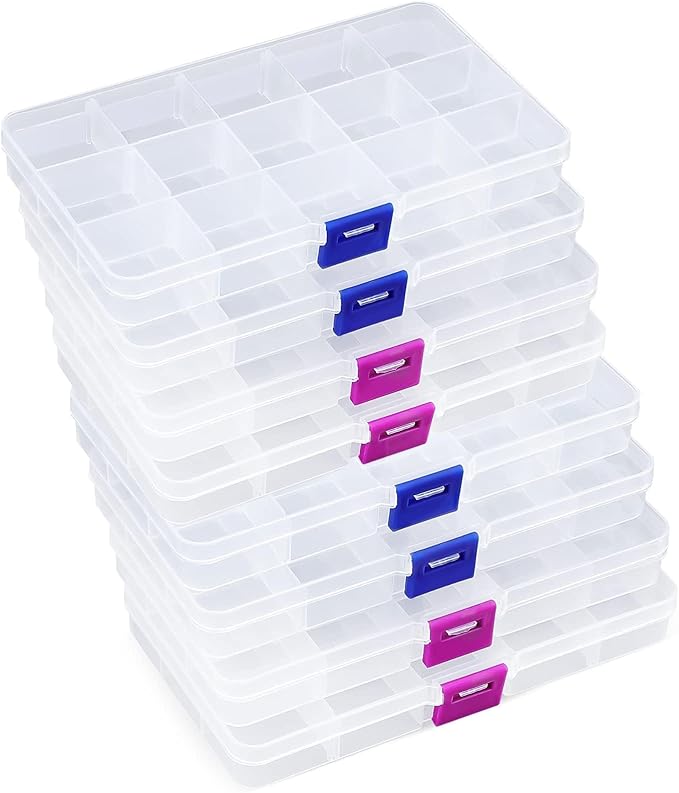 Opret 15 Girds Bead Organizer(8 Pack), Earring Organizer Box, SMALL Plastic Clear Organizing Containers with Adjustable Dividers for Crafts Jewelry Screws Small Items, Size 6.9×3.9×0.9in