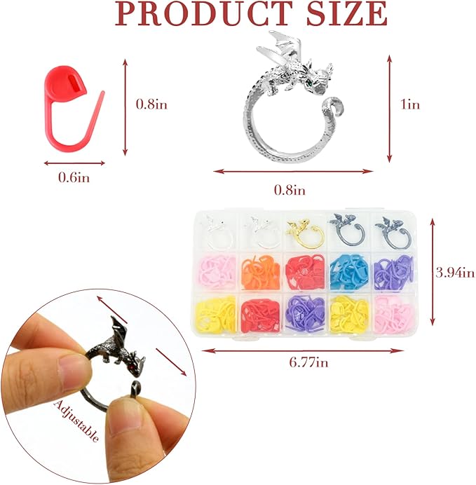 LBU 5Pcs Dragon Crochet Ring + 100Pcs Stitch Markers Adjustable Crochet Tension Rings for Finger Handmade Yarn Guide Crocheting Rings Knitting Accessories with Box Crochet Gifts for Crocheters Women