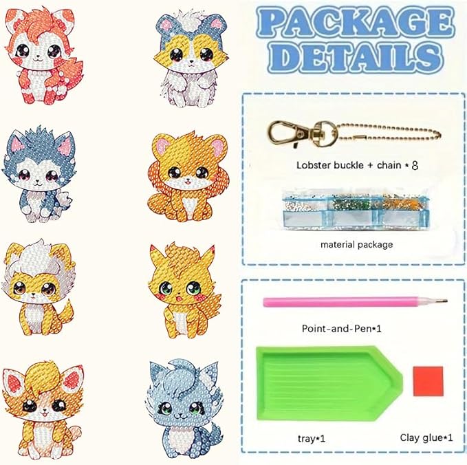 Masendp 8 Piece 5D DIY Animal Diamond Painting Keychain Set, Cartoon Diamond Pendant Hanging Animal Art Ornament for Adult Beginner Pack Birthday Family Party Decoration