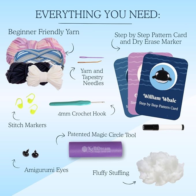 KelliDream Magic Circle Tool Inclusive Learn to Crochet Kit for Beginners; Step-by-Step Video Tutorials in English; All Supplies to Make Cute Amigurumi (Sea Creatures)