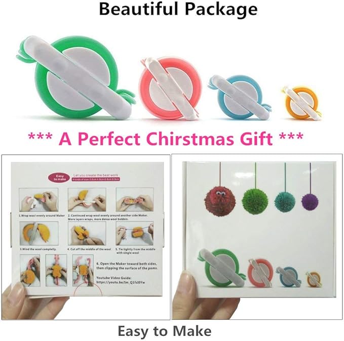 Pompom Makers, 4 Sizes Fluff Ball Weaver Needle PomPom Maker Sets-DIY Pompoms Craft Knitting Accessories Set Contain 12pcs Yarn + 10pcs Knitting Stitch Markers + 10pcs Plastic Needles (36)