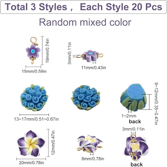SUNNYCLUE 1 Box 60Pcs 3 Styles Flower Connector Charm Colorful Rose Links Floral Polymer Clay Beads Connectors Gold Plated for Jewelry Making Charms DIY Bracelets Findings, Mixed Colors