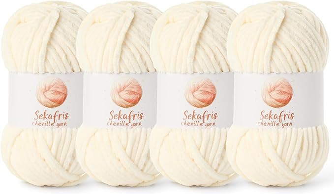 4 Pack Chunky Chenille Yarn for Crocheting, Baby Yarn for Crocheting Soft Blanket, 349.9 yds /14.1 oz Crochet Yarn, Bulky 5 Amigurumi Yarns, Fluffy Velvet Yarns for Knitting Crafts (4 Milky White)