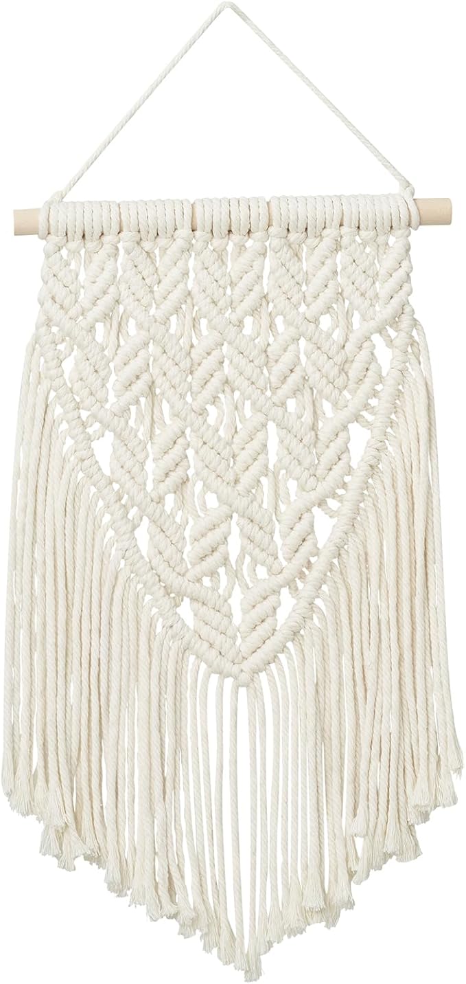 nashibowu small macrame wall hanging decor boho tapestry for bedroom living room dorm nursery and office, cute aesthetic wall art for small spaces for teen girls and home decor (white, 16 * 10 inch)