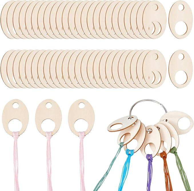 BENECREAT 100pcs Oval Wood Thread Drops, 1.9x1.3inch Wood Cross Stitch Thread Organization with Floss Ring for Craft DIY Sewing Storage, 2mm Thick