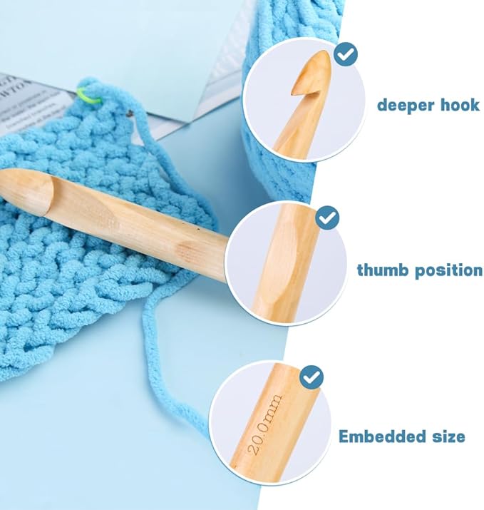 Wooden Crochet Hooks, 20mm Wooden Handle Crochet Hook Bamboo Knitting Crochet Needles with 10 pcs Knitting Stitch Markers for Handcraft Crocheting