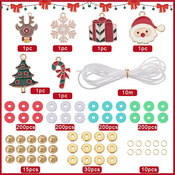 SUNNYCLUE 1 Box 861Pcs Christmas Beads for Jewelry Making, Red Green Beads for Bracelets Making Kit, Christmas Clay Charms Necklace Jewelry Adults Gifts Adults Party Favor