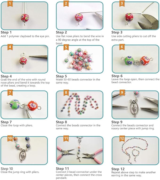 SUNNYCLUE 1 Box DIY 1 Set 8mm Polymer Clay Bead Rosary Necklace Bracelet Making Kit Alloy Jewelry Making Kit for Adults Beginners