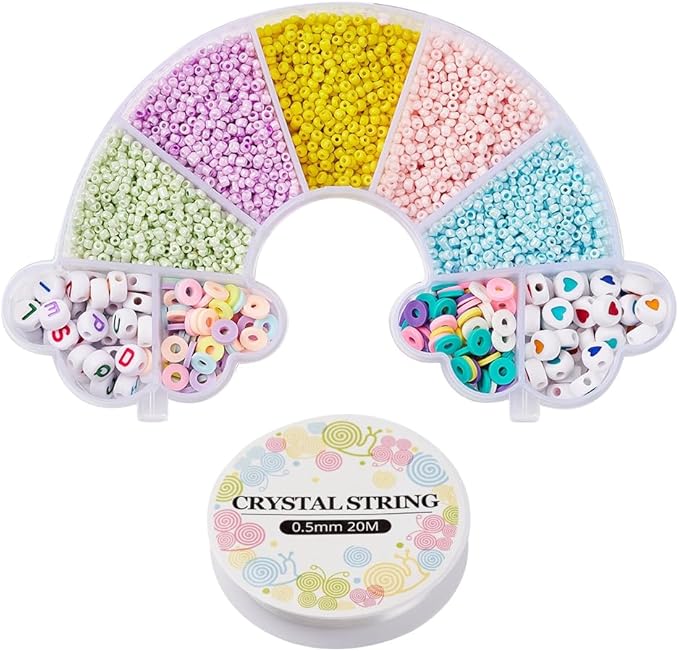 3185 Pcs Glass Seed Beads Bracelet Making Kit, Includes Glass Seed Beads, Flat Round Opaque White Acrylic Beads & Polymer Clay Beads with Elastic Cord, DIY Art Craft Gift for Girls