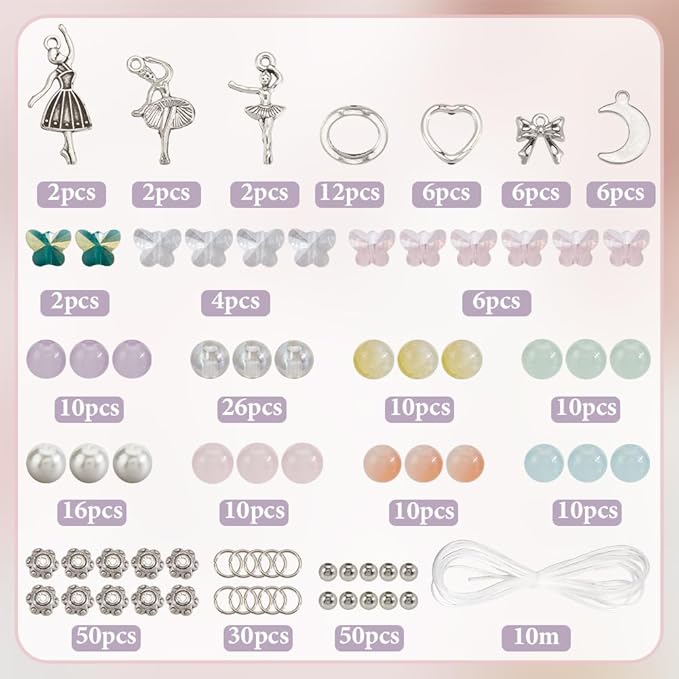 SUNNYCLUE 1 Box 280pcs DIY 6 Sets Glass Bead Bracelet Making Kit Dancer Charms Ballet Dance Bowknots Moon Light Sea Green Electroplate Butterfly Bead With Silver Heart Frame For Jewelry Making Starter