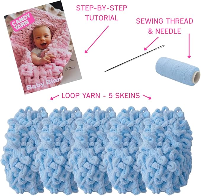 Beginner Craft Kit – Easy Loop Yarn Baby Blanket Kit for Adults & Kids, DIY Arm Knitting Kit with Soft Chenille Yarn, Perfect Handmade Gift (Blue)