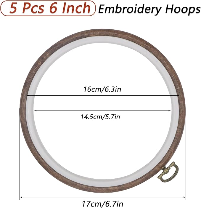 joyangy 5 pcs 6 inch embroidery hoops, round imitated wood cross stitch hoop rings for art craft sewing, circle display frame kits for embroidery handy diy ornaments decoration