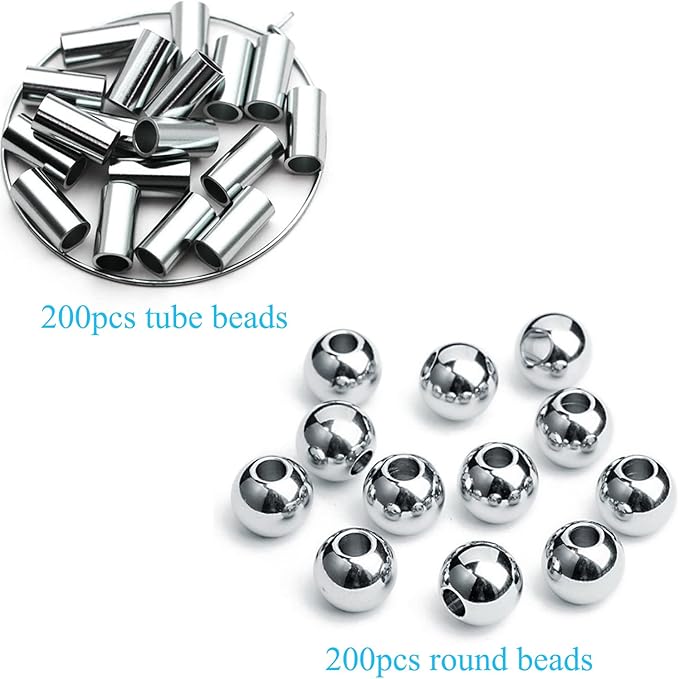 Ourtroness 200 Pieces Long Tube Beads and 200 Pieces Round Spacer Beads 4mm 304 Stainless Steel Loose Bead Smooth Charm Bead for DIY Craft Jewelry Making