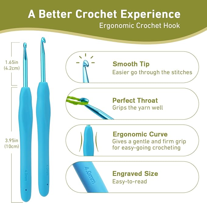 4mm Crochet Hook, Supers Smooth 4 mm Ergonomic Crochet Hooks for Beginner, Comfort for Arthritic, 1 Pack