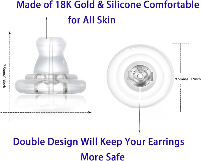 18k gold silicone earring backs replacements,locking secure earring backs for studs/droopy ears,no-irritate hypoallergenice soft clear