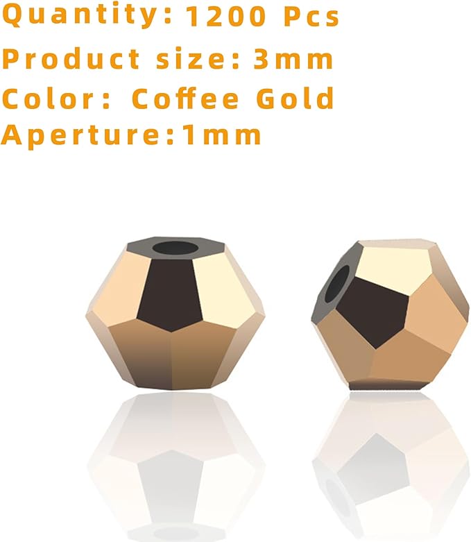 laopottbeads 1200pcs 3mm bicone crystal glass beads for jewelry making, sparkling mini beads for suncatchers, diy bracelets & craft projects (coffee gold)