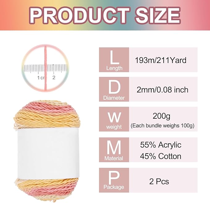 MECCANIXITY Cotton Acrylic Yarn for Crocheting, 422 Yard 5 Ply Soft Gradient Yarn Acrylic 45% Cotton 55% Used for DIY Knitting Blankets Scarves(2 Packx100g,Pink,Red,Yellow)