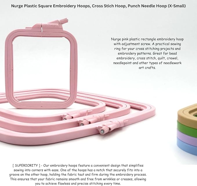 nurge square embroidery hoop - plastic cross stitch frame for needlepoint & embroidery - adjustable craft hoop - pink - no:1 (x small)