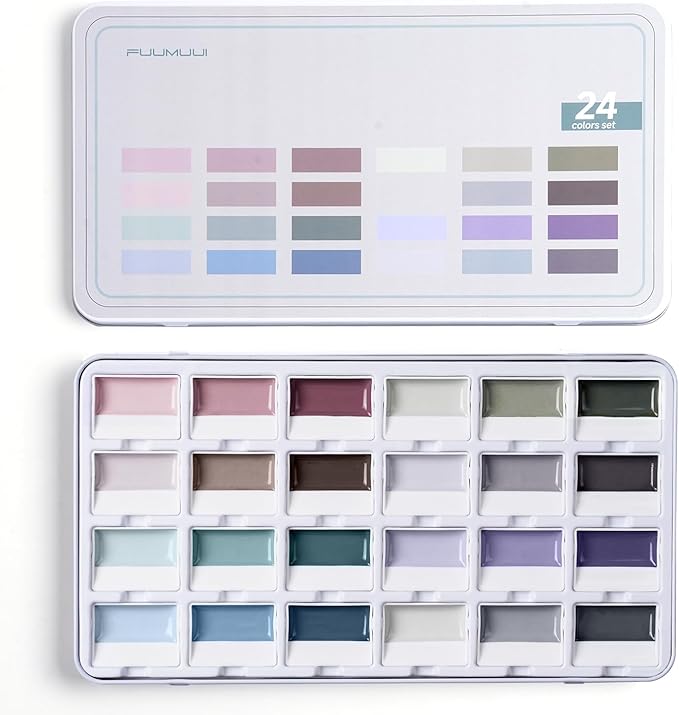 Fuumuui Watercolor Paint Set- 24-Color Opaque Semi-Moist Watercolor Paint, Gray Painting Sets Professional Art Supplies for Artists Adult Beginner Painters Amateur Hobbyists Painting
