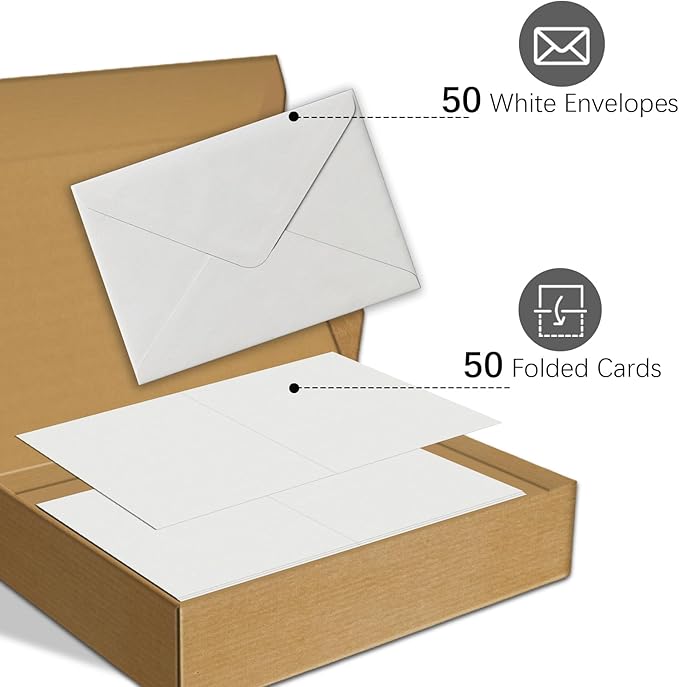 50 Pack Foldable Blank Watercolor Cards with Envelopes 4 x 6 Inch, 140lb Heavyweight, 100% Cotton, White, Acid-Free Water color Cards to Paint or Cards Making for Christmas Birthday
