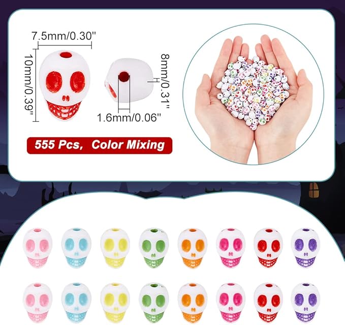 arricraft 555 Pcs Skull Beads, Colorful Resin Spooky Charms Pendants Skull Halloween Head Seeds Beads with Hole for Bracelet Necklace Jewelry DIY Craft Making