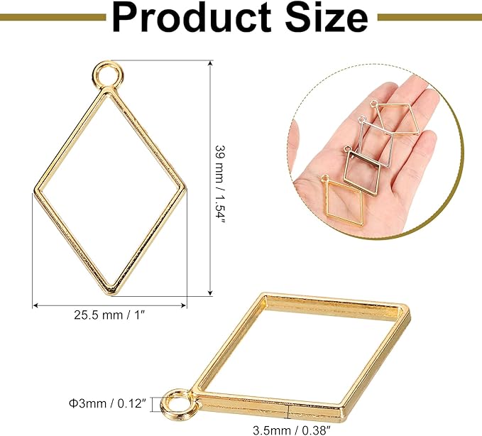 uxcell 60Pcs Alloy Open Bezel Pendants, Diamond Shape Hollow Frame Pendant Geometric Open Back Frame Pendant for Resin Jewelry Making Earrings Necklace Bracelet DIY, Rose Gold Tone, 3.5 mm