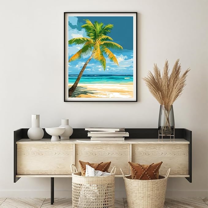 Natuyalo Paint by Numbers Kit for Adults Beginner, Coconut Tree Adult Paint by Number Kits on Canvas, Beach View DIY Acrylic Paint by Number for Adults for Home Decor Gift 16x20 Inch