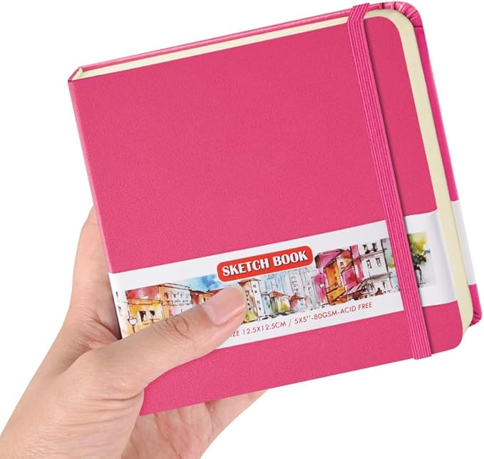 Square 5x5 inches 80gsm 96sheets/192 Pages Notebooks Blank Sketchbooks Travel Journal Pocket Hardcover Paint Writing Diary Memo Planner PU Leather Cover. Rose Pink