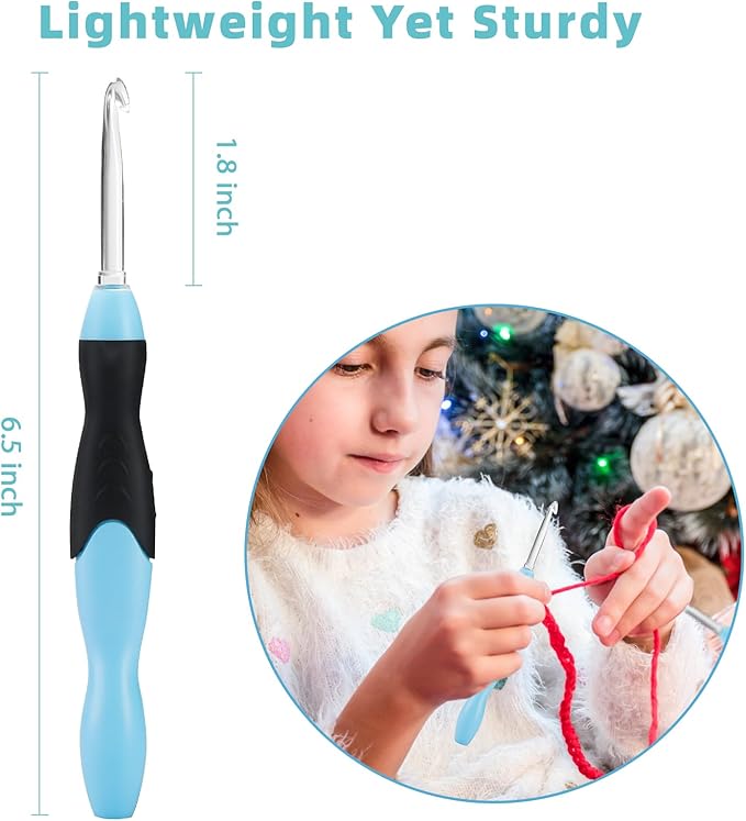 votris light up crochet hook set - 11 in 1 lighted crochet hook set for beginners, ergonomic soft grip, rechargeable light, interchangeable heads - ideal crochet hooks kit