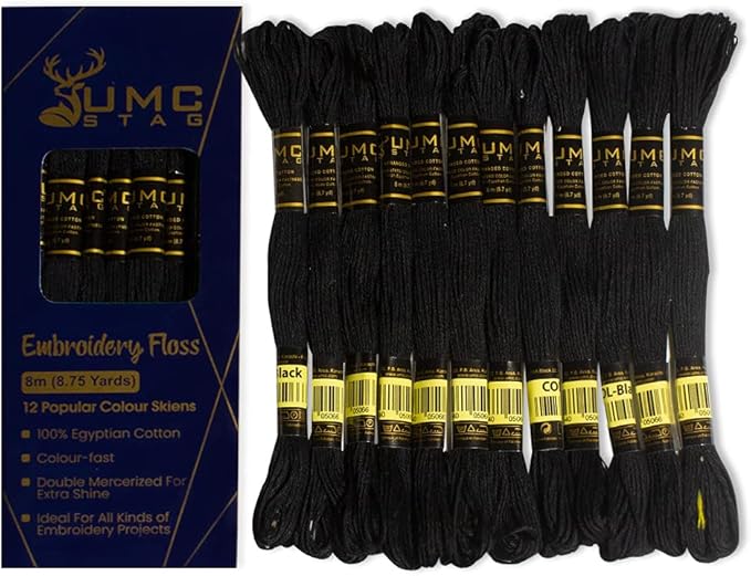 12 Pieces Black Colour Premium Embroidery Thread | 100% Egyptian Cotton Premium Skeins | Cross Stitch Embroidery Floss | Oeko TEX Certified Stranded Cotton (Black)