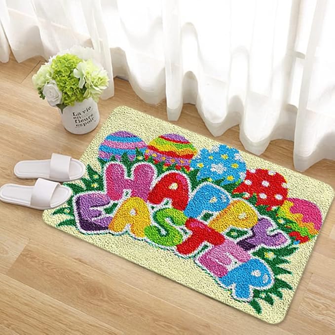 Larger Size Latch Hook Rug Kits Happy Easter Latch Hook kit Tapestry Embroidery Craft Kits for Beginners DIY Latch Hook Rug Kit Floor Mat Canvas Hobby & Craft 60x40cm