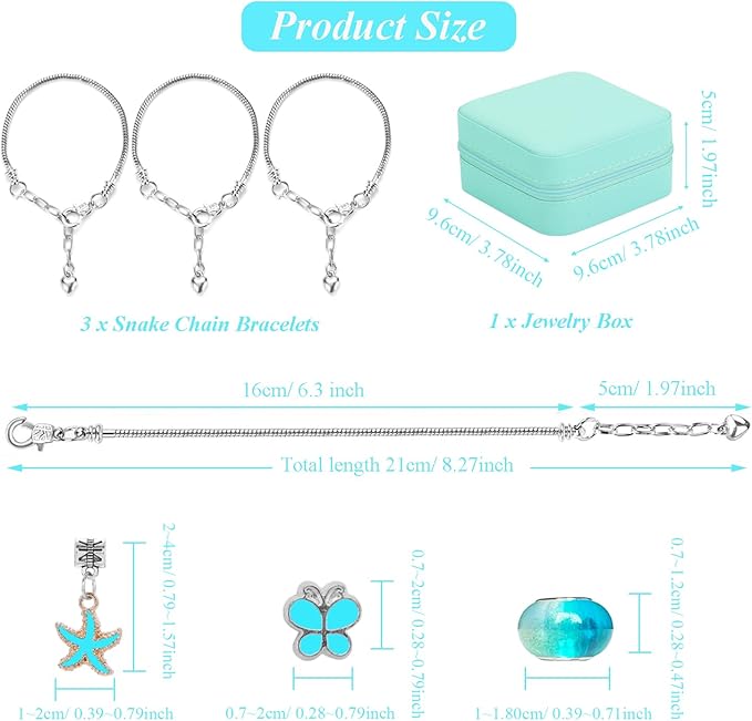 ONADEBY Charm Bracelet Making Kit - Blue DIY Jewelry Making Kit for Girls, Friendship Bracelet Kit with Portable Box Bag Packing for Birthday Christmas New Years Easter Valentine Craft Gifts